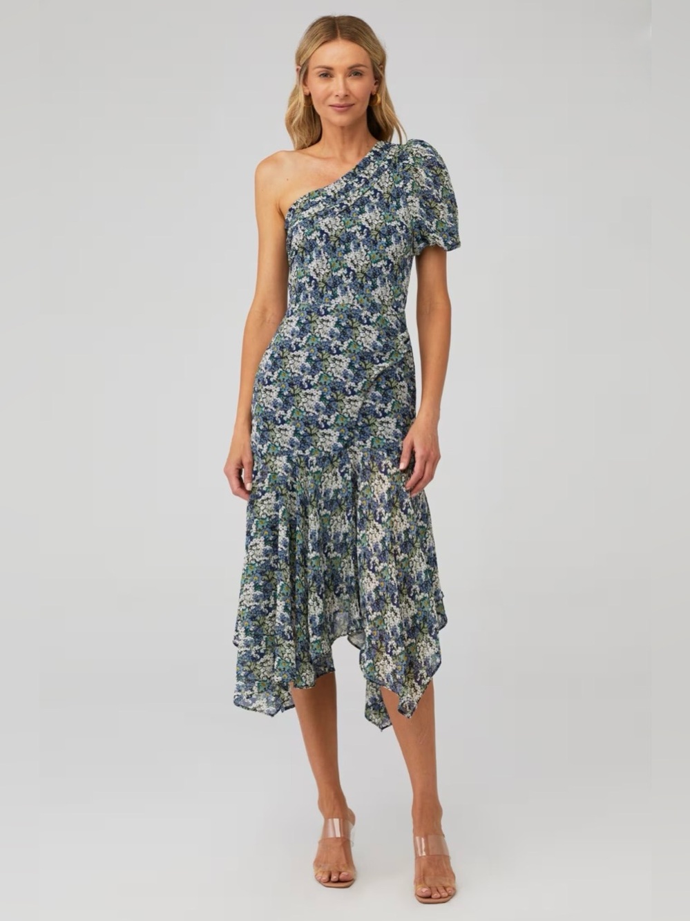 ASTR The Label Blue Green Floral Santorini One Puff Shoulder Midi Dress Medium